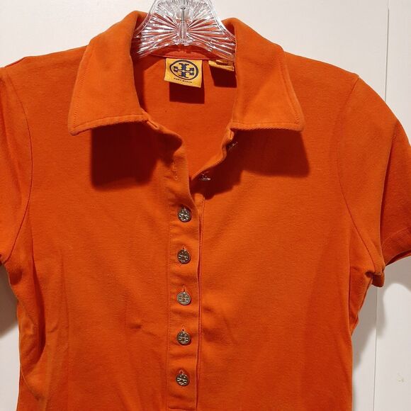 Tory Burch Orange Half Button Short Sleeve Womens Polo Shirt Size S - Picture 2 of 8